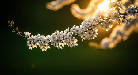 White and silver blossoms on an elegantly curved tree branch, illuminated by the warm glow of the setting sun. symbolizes spring, renewal, and natural beauty.の素材