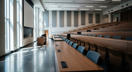 Empty modern university lecture hall classroom featuring tiered wooden desks, blue chairs, a large projector screen, and bright sunlight streaming through tall windows.の素材