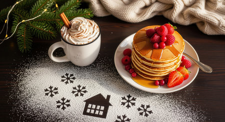 Hot cocoa with whipped cream and cinnamon stick next to a stack of golden pancakes with fresh berries and maple syrup, surrounded by festive winter decorations and powdered sugar snowflakes.の素材