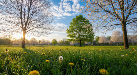 Vibrant spring meadow bathed in golden sunrise light, featuring dew kissed tall green grass, yellow dandelions, and trees with white blossoms under a serene blue sky.の素材