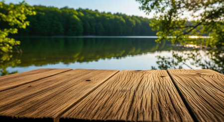 Rustic wooden table in the foreground, overlooking a tranquil lake reflecting a vibrant green forest and clear blue sky. ideal for product display.の素材