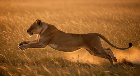 Lioness in full stride, leaping through tall golden grass during sunrise on the african savanna, showcasing power, speed, and wild nature.の素材