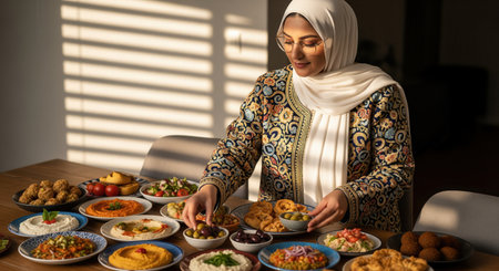 Muslim woman in white hijab and embroidered jacket thoughtfully arranging a diverse spread of traditional middle eastern dishes on a wooden table, bathed in warm sunlight.の素材