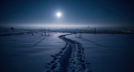 Winding path of footprints in fresh snow under a bright moonlit sky, leading towards a hazy distant cityscape with glowing lights. cold winter night scene.の素材