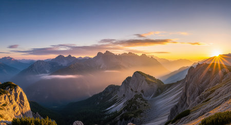 Majestic mountain landscape at dawn, with soft mist hovering over valleys and golden sunlight illuminating rugged peaks. peaceful and natural beauty.の素材