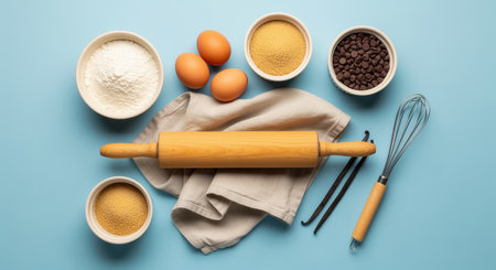 Baking ingredients and tools arranged as a flat lay on a light blue surface. includes a wooden rolling pin, flour, egg, brown sugar, chocolate chip, vanilla pod, and a whisk, ready for dessert preparation.の素材