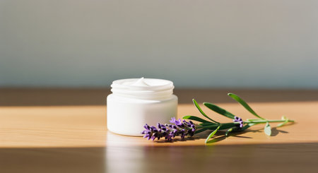 White cosmetic cream jar with a fresh lavender sprig on a wooden table, illuminated by natural light. represents natural beauty, skincare, and aromatherapy concepts.の素材