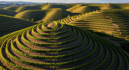 Undulating terraced vineyards cover rolling hills, showcasing intricate patterns of green grapevines. the vast agricultural landscape highlights sustainable farming and natural beauty.の素材