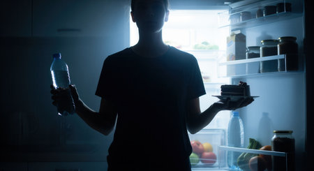 Man in silhouette deciding between a bottle of water and a slice of chocolate cake from a brightly lit open refrigerator in a dark kitchen. healthy vs unhealthy choice concept.の素材
