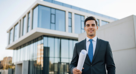 Young professional man in a suit holds rolled building plans, smiling confidently in front of a sleek, modern glass office building. represents success, development, and urban business.の素材