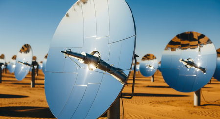 Parabolic mirrors of a solar thermal power plant reflecting bright sunlight in a vast desert landscape. renewable energy technology for sustainable power generation.の素材