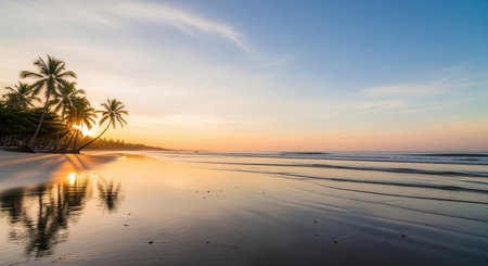 Tropical beach with palm trees silhouetted against a vibrant sunrise sky, reflecting on the wet sand and gentle ocean waves. serene coastal landscape.の素材