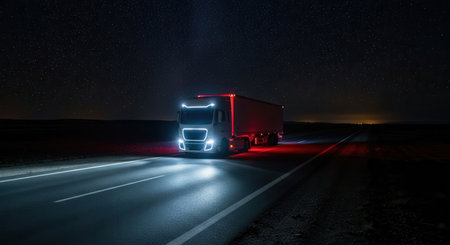 Modern electric semi trailer truck with glowing headlights and red taillights driving on a dark, empty road under a starry night sky. represents future of logistics and transportation.の素材