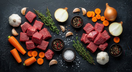 Diced raw beef, fresh carrots, whole and halved onions, garlic cloves, and aromatic herbs like rosemary, with peppercorns and salt, arranged for cooking a hearty meal.の素材