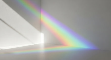 Pastel rainbow light beam projected diagonally across a white room, casting vibrant colors onto the wall and floor, creating a serene and ethereal atmosphere.の素材