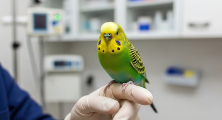 Green and yellow budgie perched on a veterinarian gloved hand during a check up in a bright animal clinic, representing pet health and care.の素材