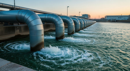 Multiple large metal pipes releasing treated water into a wide basin at a modern industrial water purification facility. focus on water flow, infrastructure, and environmental management.の素材