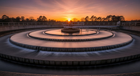 Concentric circular tanks of a water purification facility with water flowing over weirs, illuminated by a golden sunset.の素材