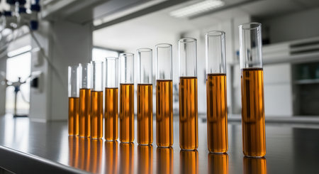Glass test tubes filled with amber liquid arranged in a line on a reflective surface in a laboratory. represents scientific research, chemistry, and experimentation.の素材