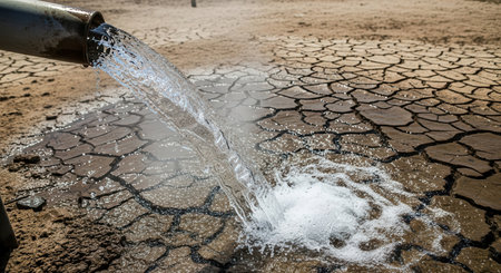 Clear water gushing from a metal pipe, creating a puddle on severely cracked, dry earth. illustrates drought, water scarcity, and environmental crisis.の素材