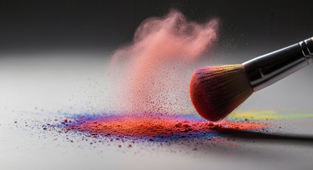 Professional makeup brush dispersing vibrant multi colored cosmetic powder, creating a dynamic swirl and artistic splash on a neutral grey surface. beauty, art, and creativity concept.の素材