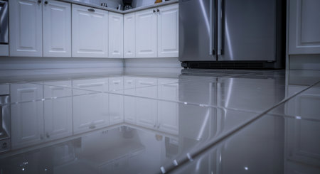 Clean modern kitchen interior from a low angle, featuring a highly reflective wet tile floor, white cabinets, and a stainless steel refrigerator.の素材