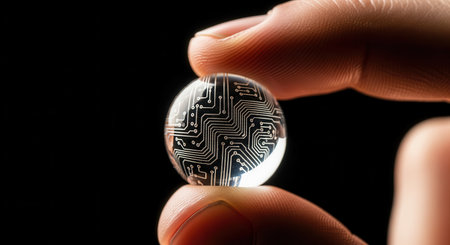 Fingers gently hold a transparent sphere featuring a detailed electronic circuit pattern, symbolizing advanced technology, global connectivity, and future innovation in computing and AI.の素材