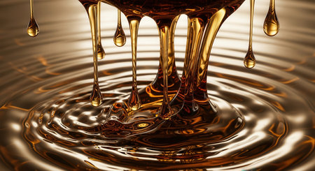 Viscous golden brown liquid flowing and dripping, forming intricate ripples and reflections on a shiny surface. represents fluidity, richness, and luxury.の素材