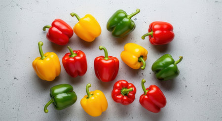 Assortment of fresh red, yellow, and green bell peppers scattered on a light gray surface, showcasing vibrant colors and healthy produce. ideal for cooking and nutrition themes.の素材