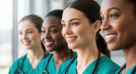 Smiling diverse female medical team wearing green scrubs and stethoscopes, looking confidently to the side. represents healthcare, teamwork, and professionalism.の素材