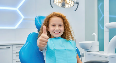 Young girl with curly red hair smiling and giving a thumbs up in a bright, modern dental clinic. reflects a positive experience with pediatric dentistry and oral health.の素材