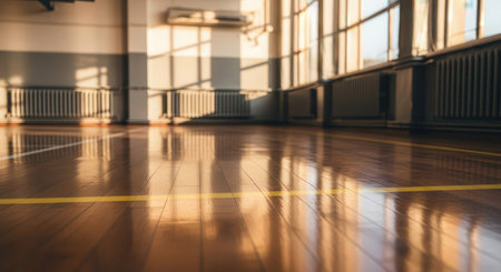 Polished wooden floor of an empty gymnasium, reflecting warm sunlight from large windows. yellow and white lines mark the court. radiators line the wall, casting shadows.の素材