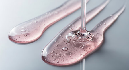 Viscous glossy liquid streaks in clear and pale pink colors flowing and dripping on a smooth surface. ideal for beauty, cosmetic, and science concepts.の素材