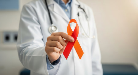 Medical professional in a white coat and stethoscope holding a red and orange awareness ribbon, representing support for health causes and disease awareness.の素材