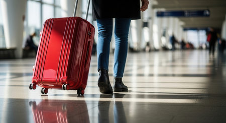 Woman in jeans and boots pulling a shiny red hard shell suitcase through a modern airport terminal. travel, journey, and departure concept.の素材