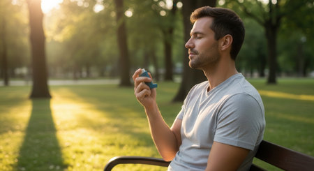 Man with asthma inhaler sitting on a park bench, eyes closed, feeling relief. golden sunlight illuminates the scene, symbolizing health, wellness, and breathing ease.の素材
