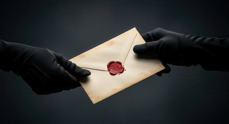 Two hands wearing black gloves exchanging a vintage paper envelope sealed with a red wax stamp. represents secret communication, confidential message, or important delivery.の素材