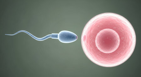 Single sperm cell moving towards a human egg cell, depicting the biological process of fertilization, conception, and early life.の素材