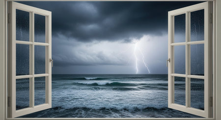 Open white window revealing a dramatic stormy ocean with powerful lightning, dark clouds, and heavy rain. rough waves crash under a turbulent sky.の素材