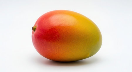 Single vibrant ripe mango fruit with smooth skin, showcasing its red, orange, and yellow hues. fresh tropical produce for healthy eating and summer concepts.の素材