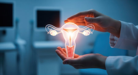 Doctor hands gently cradle a glowing, transparent 3D model of the female reproductive system, symbolizing women health, fertility, and medical care in a futuristic setting.の素材