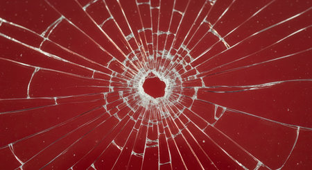 Shattered glass with a prominent central impact hole and radial cracks spreading across a vibrant red surface. represents damage, destruction, and fragility.の素材