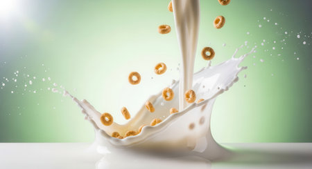 White milk pouring and splashing dynamically with golden cereal rings falling into it. fresh breakfast concept with dairy and grain.の素材