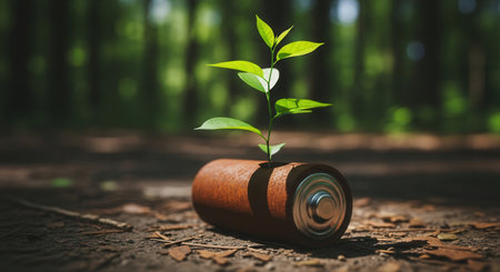 Green sapling emerges from a rusty, discarded battery on the forest ground, symbolizing eco friendly energy, sustainability, and environmental protection.の素材