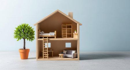 Wooden dollhouse with two floors, featuring minimalist furniture like a bed, sofa, and ladders, next to a small potted tree. represents home, growth, and real estate concepts.の素材