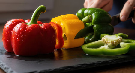 Fresh red, yellow, and green bell peppers with water drops, being sliced on a black slate board. healthy cooking and vegetable preparation.の素材