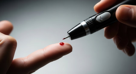 Hand holding a lancing device, drawing a small blood sample from an index finger. essential for blood glucose monitoring, diabetes management, and health check.の素材