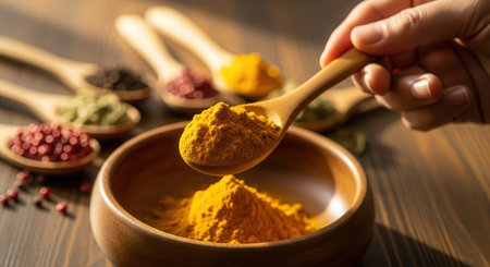 Hand holding a wooden spoon filled with vibrant yellow turmeric powder over a bowl, with various colorful spices in spoons on a rustic wooden table.の素材