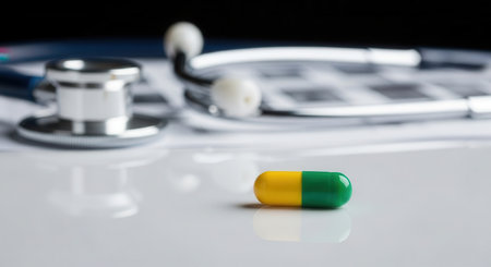 Single yellow and green capsule resting on a clean white surface, with a blurred stethoscope and medical documents in the background. represents healthcare, treatment, and medicine.の素材