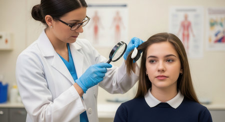 School nurse carefully examines a young student hair and scalp using a magnifying glass to check for potential health concerns.の素材